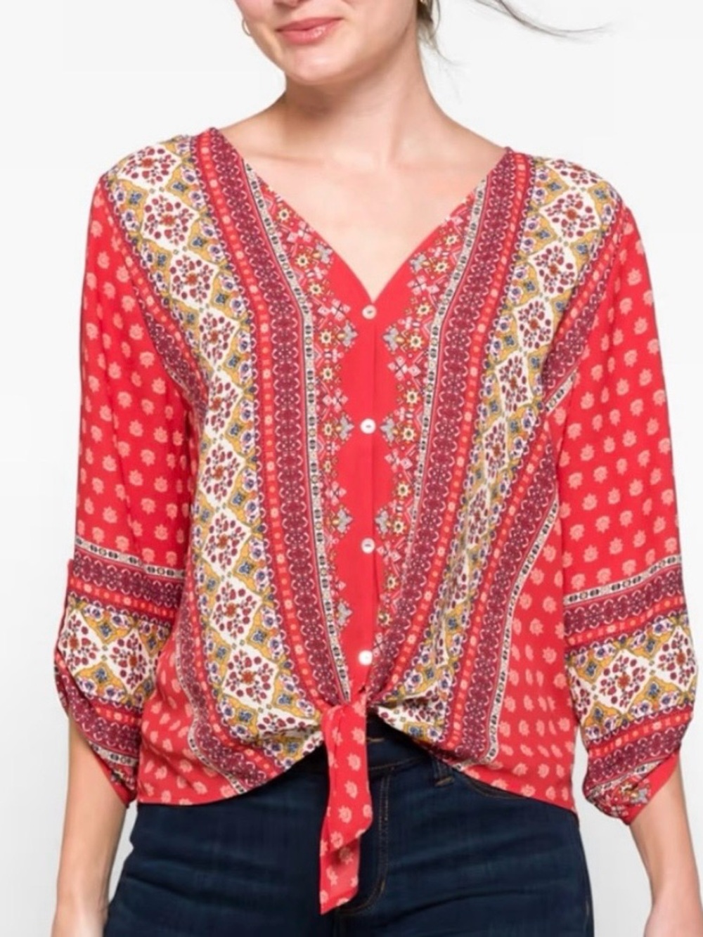 West Kei Red Paisley Print Tie Front Bell Sleeve Top Size SP